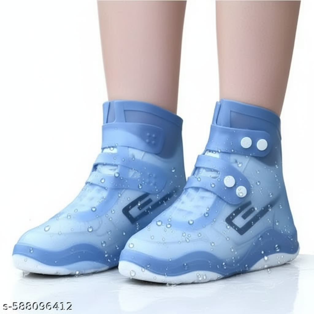 Blue waterproof shoe cover with X-ray effect showing protected shoe