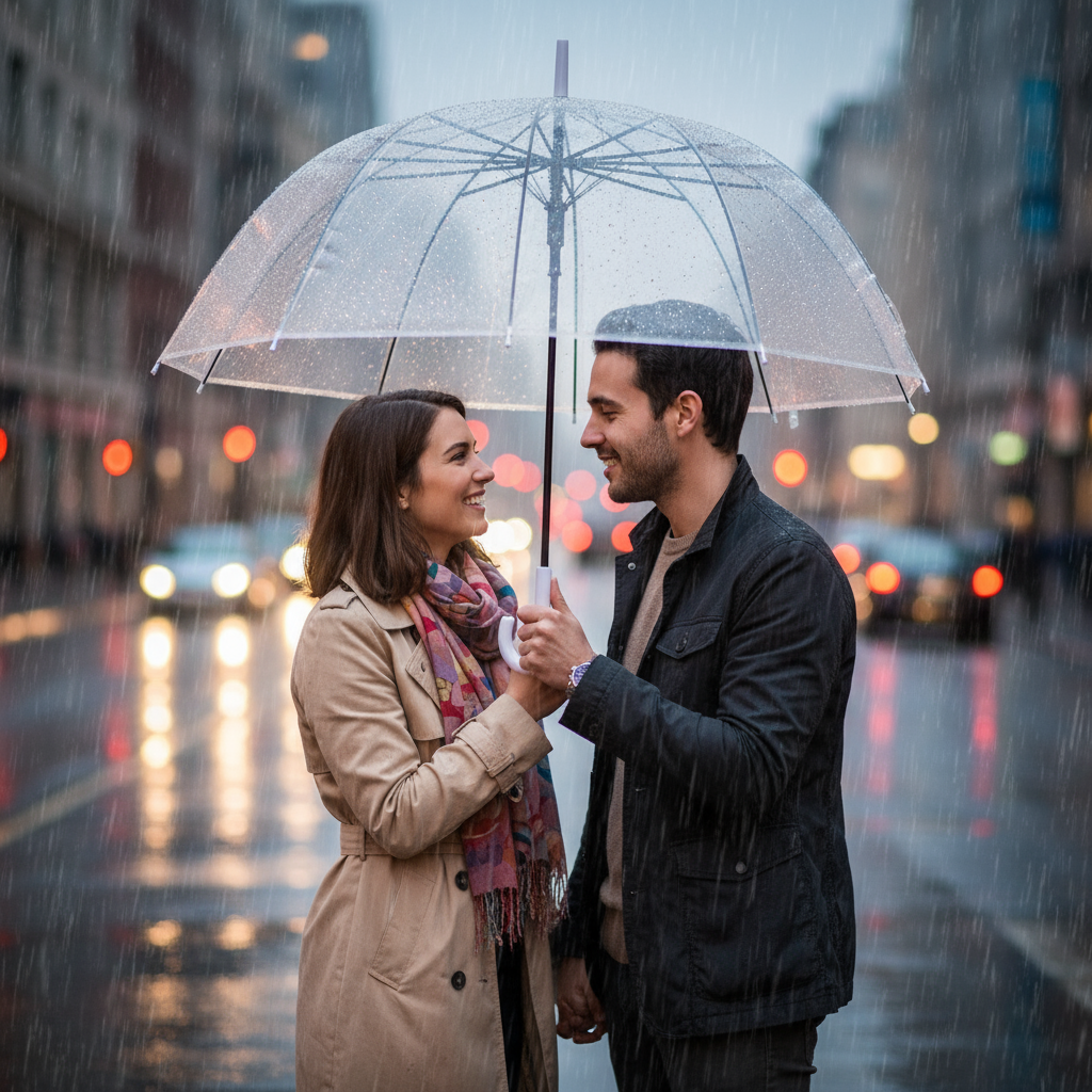 Couple with Transparent Umbrella in Rain