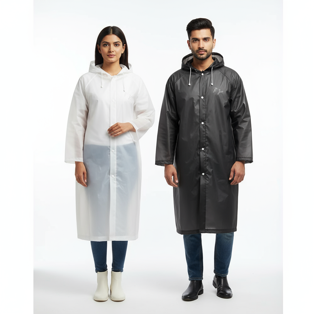 Wide full-body shot of couple in ankle-length raincoats on clean background